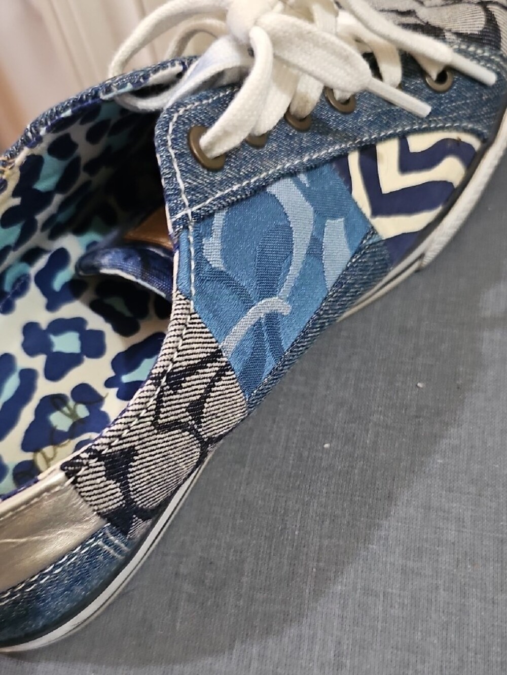 Coach Patchwork Blue Mixed-Print Lace-Up Sneakers Size 9 - Picture 2 of 12